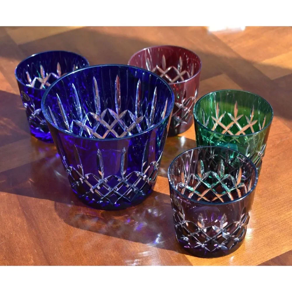 Vintage Set of AJKA Colored Crystal Old Fashioned Glasses with Ice Bucket